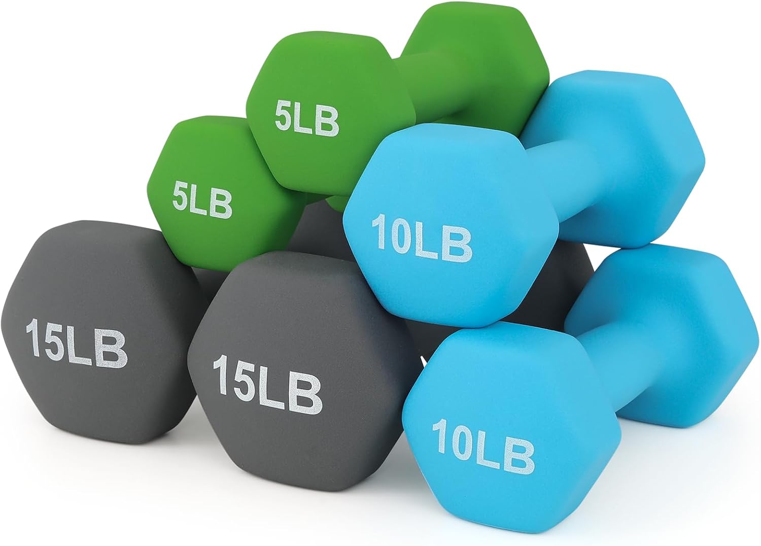 Dumbbells Hand Weights Set, Neoprene Coated Hexagon Workout Dumbbell for Women and Men, 1, 2, 3, 5, 8, 10, 12, 15lbs - Pair