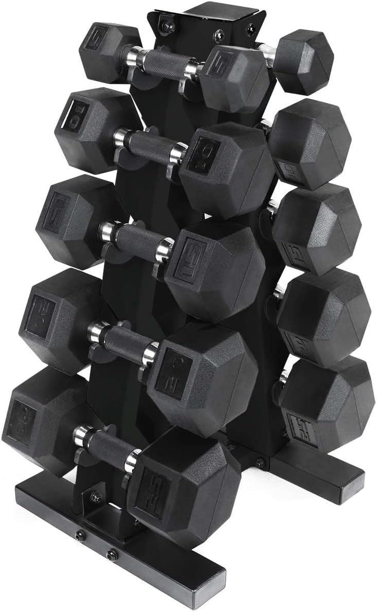Rubber Encased Hex Dumbbells with Rubber Grip Contoured Handle for Muscle Toning, Strength Building & Full Body Workout
