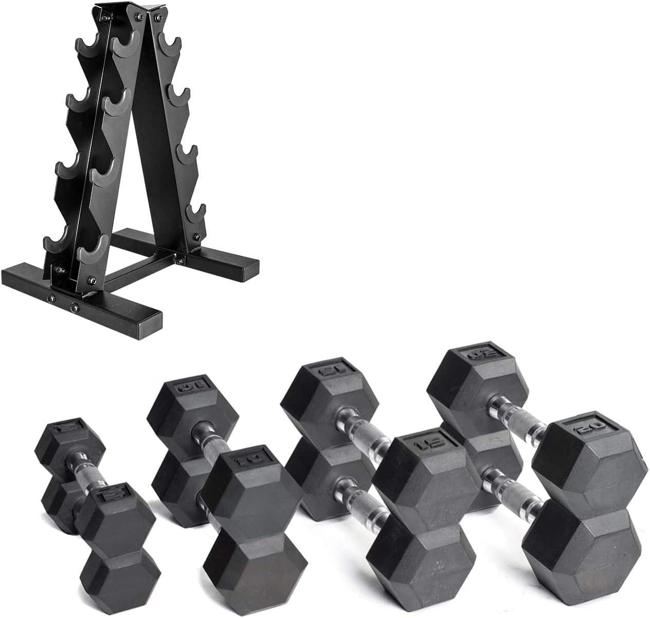 Barbell 100 LB Coated Hex Dumbbell Weight Set with Vertical Rack