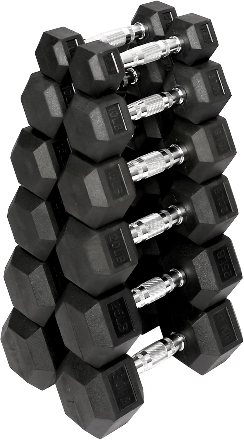 Premium Rubber Coated Hex Dumbbell Weight Set and Storage Rack, Multiple Packages
